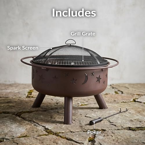 Sunnydaze Cosmic 30" Fire Pit with Cooking Grate for Outside, Wood Burning | Bronze, Heavy Duty Steel Metal, Includes Spark Screen & Poker, Round Outside Firepit for Patio, Deck, Backyard BBQ, Bonfire