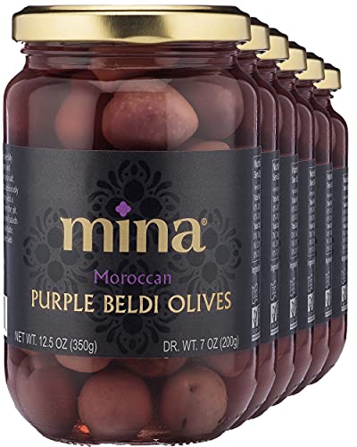 Mina Purple Beldi Olives, 12.5 oz (Pack of 6) - Moroccan Olives, Premium Handpicked and Naturally Cured Olives, Non GMO, Gluten Free, Low Carb, Vegan