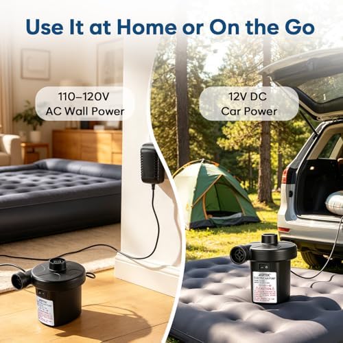 AGPTEK Electric Air Pump for Inflatables, 110V AC &12V DC Inflator Deflator | 4.5kPa Quick-Fill, 3 Nozzles, Portable Air Pumps for Outdoor Camping
