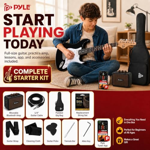 Pyle Electric Guitar and Amp Kit - Full Size 39" Complete Starter Kit with Wearable Bluetooth Amplifier, 1/4” Cable, Carry Case, Strap, Strings, Picks, Cleaning Cloth, ST-Style Pickups (Black)