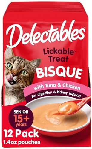 Delectables Lickable Treat Bisque Senior 10+ Wet Cat Treat with Real Tuna & Chicken, Food Topper, Hydrating, Grain-Free, No Fillers, By-Products, Added Preservatives, 1.4oz Pouch, 12ct