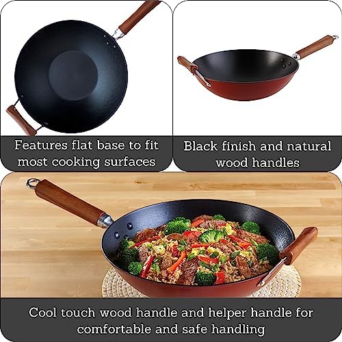 IMUSA USA GKG-61021 Light Cast Iron Wok, 14", Red Handles | Ideal for Stir-Frying and Deep Frying, Great for Everyday Cooking