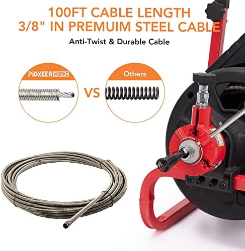 PIONEERWORKS Plumbing Snake & Drain Auger 100Ft x 3/8In, Electric Drain Cleaner Machine with Auto Feed, 6.8A Sewer Auger for 1-4 Inch Pipes