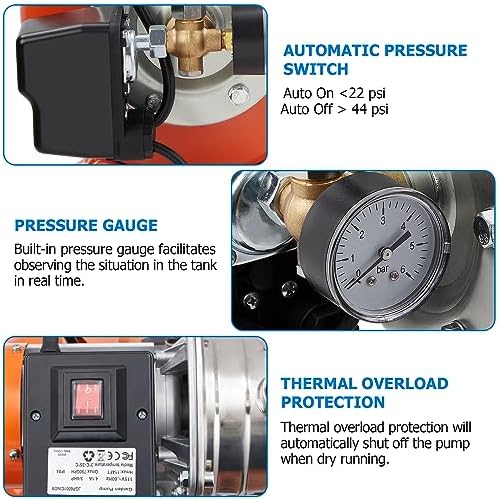 TrailBlaze 1HP Shallow Well Pump with Pressure Tank, 115V, Stainless Steel Lawn Sprinkler Irrigation Pump, Automatic Water Booster Jet Pumps for Home, Garden, Lawn, Farm
