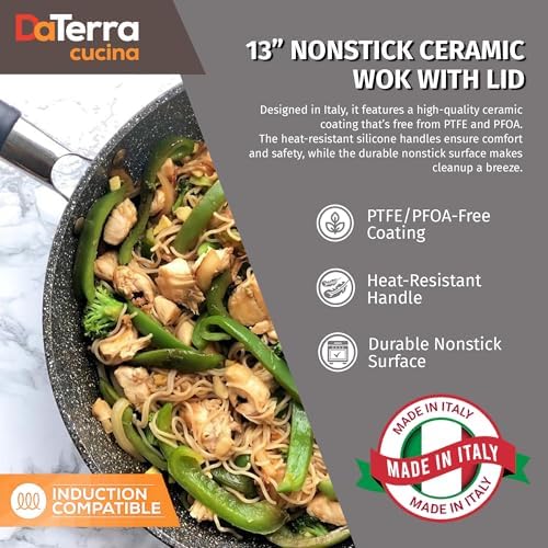 DaTerra Cucina - Nonstick Ceramic Wok with Lid - Oven & Induction Safe, 13"