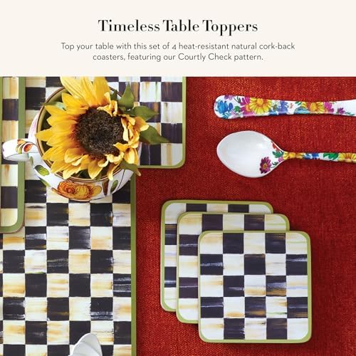MACKENZIE-CHILDS Square Coasters Set, Black-and-White Courtly Check | Hand-painted design, made from MDF with a cork back, table coasters for drinks, 4" square, set of 4