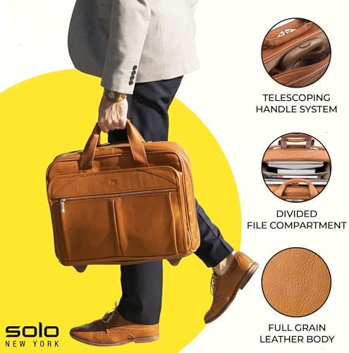 Solo New York Leather Rolling Case with Wheels - Roller Laptop Bag, Wheeled Briefcase for Women & Men, Carry On Size for Travel