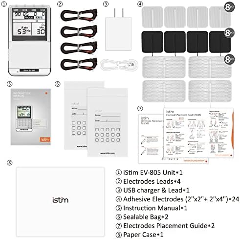iSTIM EV-805 TENS EMS 4 Channel Rechargeable Combo Machine Unit - Muscle Stimulator + Back Pain Relief and Management- 24 Programs/Backlit