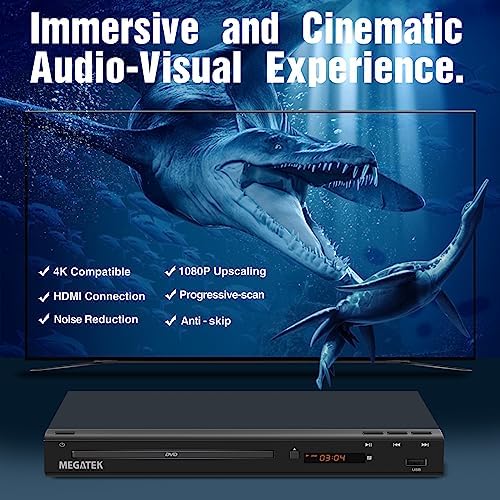 MEGATEK Region-Free DVD Player for TV with HDMI & 1080P Upscaling | CD/DVD/USB Playback, Compact Metal Housing, Coaxial Audio, LED Display