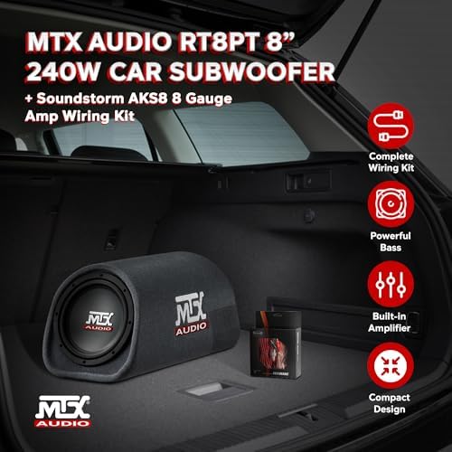 MTX Audio RT8PT 8" 240W Enclosure Amplified Vented Tube Box Car Loaded Subwoofer & Soundstorm AKS8 8 Gauge Car Amplifier Amp Complete Wiring Kit