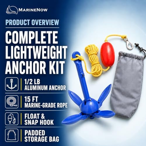 1/2 lb Aluminum Folding Grapnel Anchor Kit with 15 ft Marine-Grade Rope, Float, Snap Hook & Padded Bag for Inflatable Boats, Canoes, & Float Tubes