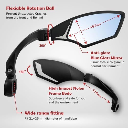 Hafny Handlebar Bike Mirror – HD Glass, Wide Angle, Adjustable 360° Rear View – Shatterproof, Anti-Glare, Premium, MTB, E-Bike, and Commuter Cycling Safety, HF-MR095 (Silver Left)