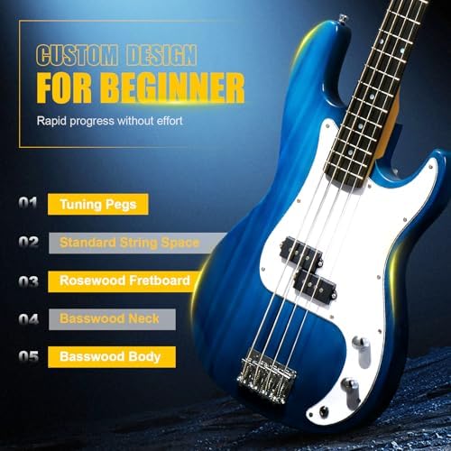GLARRY Full Size Electric Bass Guitar Beginner Kit 4 String Exquisite Basswood Bass with 20W AMP, Cable, Strap, Bag and Accessories (Transparent Blue, 39"Right Handed)