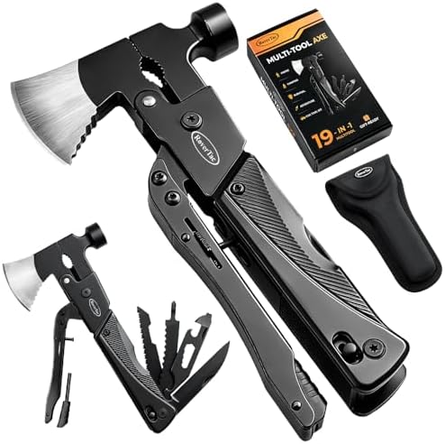 19-in-1 Multi-Tool Axe with Knife, Hammer, Saw, Screwdrivers, Bottle Opener, Nylon Sheath, Camping Tool Survival Gear, Gifts for Men, Dad Gifts