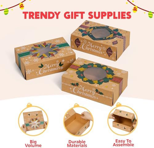 JOYIN 24PCS Christmas Cookie Boxes for Gift Giving, 8.75" x 5.75" x 2.75" Xmas Holiday Bakery Treat Boxes with Window