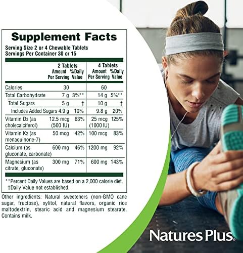 NaturesPlus Calcium/Magnesium/Vitamin D3 with Vitamin K2 - 60 Chewable Tablets - Supports Bone & Immune Health - Vanilla Flavor - Gluten Free - Up to 30 Servings