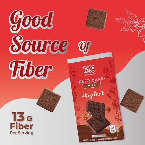 ChocZero Sugar Free Chocolate Candy with Hazelnuts, 4 Pack | No Sugar Alcohols, Keto, Low Carb, High Fiber, Gluten Free, 32 Total Candy Squares