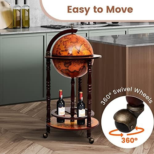 FANTASK 17” Globe Wine Bar Stand Cart, 16th Century Italian Replica Storage Shelf w/Wheels & Bottom Shelf