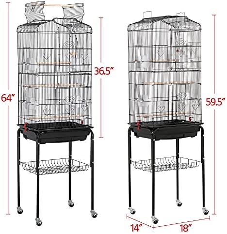 Yaheetech 64'' Open Top Bird Cage for Parakeets & Cockatiels, Black | Detachable Rolling Stand, Easy-clean Slide Tray, Multi-door Access, 3/8" Bar Spacing, Indoor/Outdoor Use