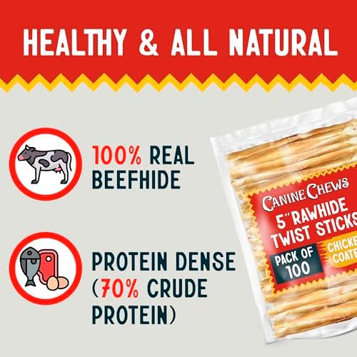 Canine Chews 5" Chicken Coated Sticks - Pack of 100 Chicken Wrapped Rawhide Dog Treats - 100% Real USA-Sourced Chicken Coating - Protein-Dense Dog
