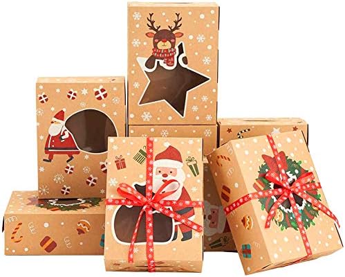 CCINEE Christmas Cookie Boxes,Kraft Treat Box with Window Ribbons for Bakery Candy Gift Giving Supplies,Pack of 12