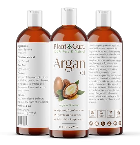Plant Guru Argan Oil 16 fl. oz. Morocco Virgin, Cold Pressed 100% Pure Natural - Stimulates Hair Growth, Skin, Face And Body Moisturizer.