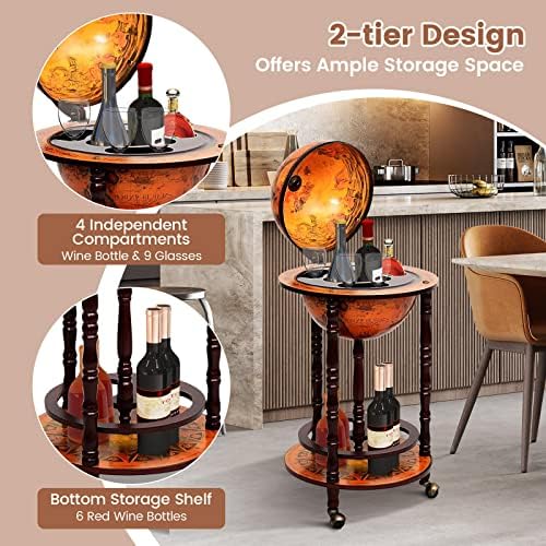 FANTASK 17” Globe Wine Bar Stand Cart, 16th Century Italian Replica Storage Shelf w/Wheels & Bottom Shelf