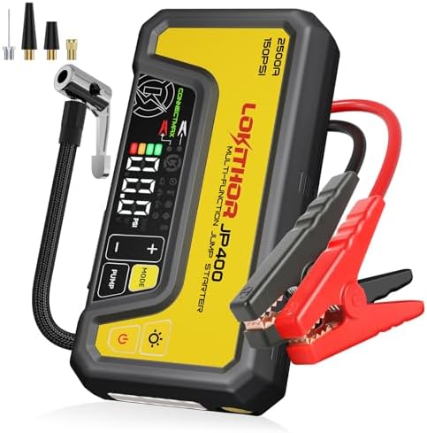 LOKITHOR JP400 Jump Starter with Air Compressor for 8.5L Gas/6.5L Diesel | 2500A 12V Portable Jumper Starter for Car, 150PSI Tire Inflator, 300 Lumen LED Light, Power Bank, ConnectMax, Jumper Cables