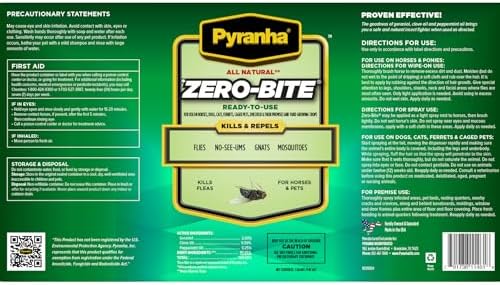 PYRANHA Zero-Bite All Natural Fly Spray - Ready to Use Water Based Repellent for Horses, Dogs, Cats, Ferrets, Caged Pets, Livestock | Repels Flies, Gnats, Mosquitoes, No-See-UMS