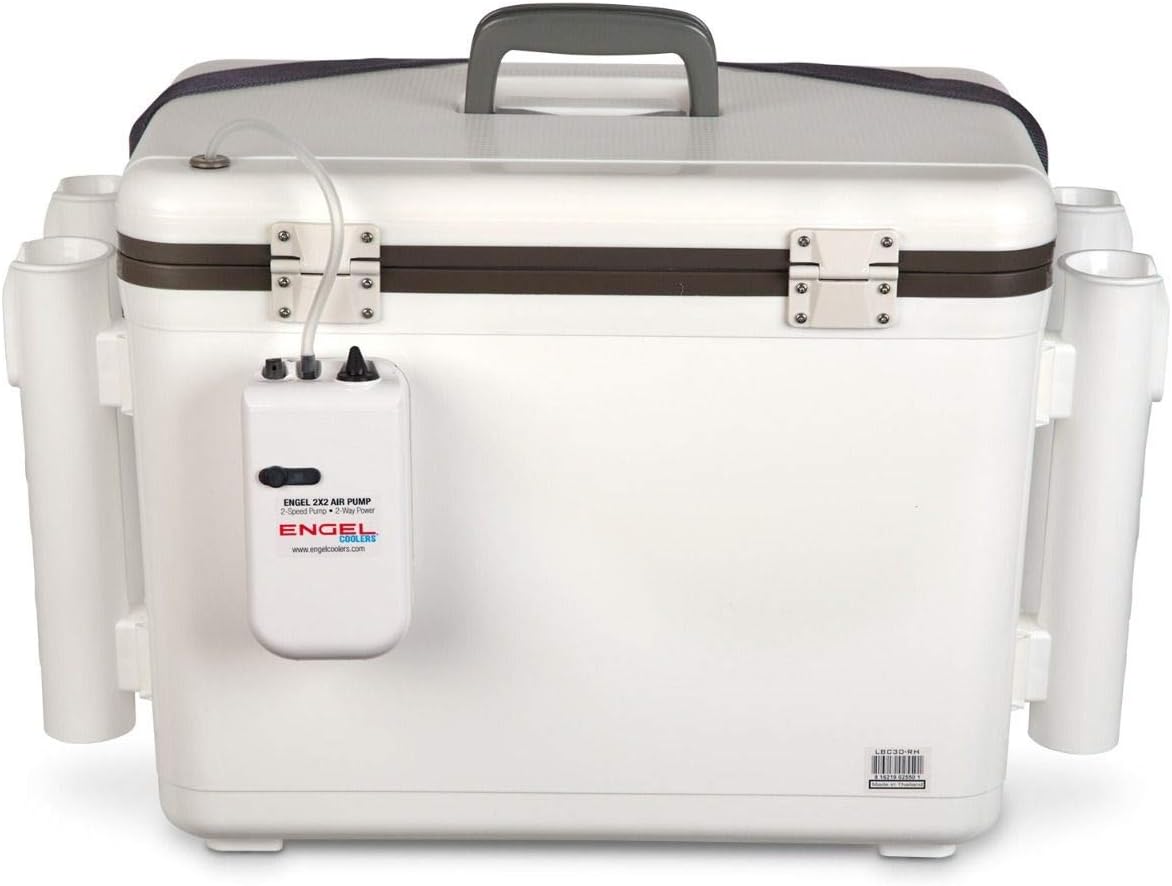 Engel 30qt Live Bait Cooler Box with 2nd Gen 2-Speed Portable Aerator Pump and 4 x Fishing Rod Holder Attachments. Fishing Bait Station and Minnow