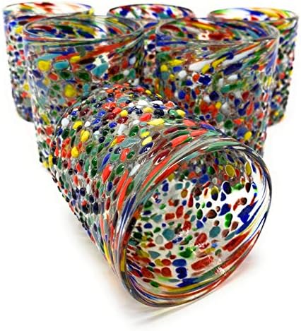 Hand Blown Mexican Drinking Glasses – Set of 6 Confetti Rock Tumbler Glasses (10 oz each)