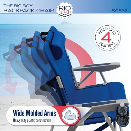 Rio Beach 2-Pack Wide Big Boy 4-Position Backpack Beach Chair with Pillow, Arms, and Storage Pouch, Lightweight Outdoor Portable Camping Chair with Carry Straps, Supports up to 300 lbs., Blue/Red