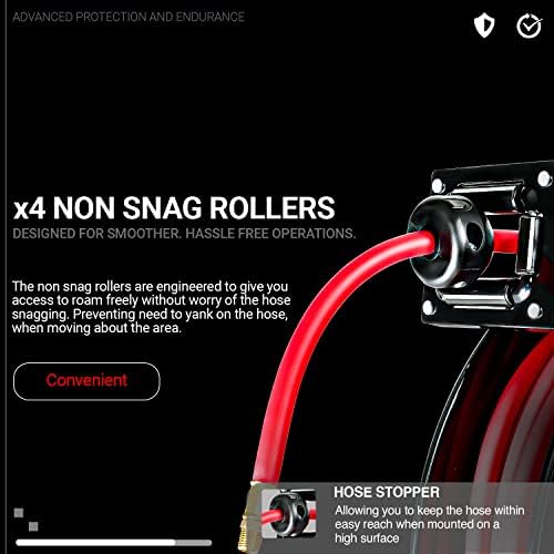 ReelWorks Air Hose Reel Retractable 3/8" Inch x 80' Foot Max 300PSI Longest Ever Hybrid Polymer Hose Industrial Steel Construction