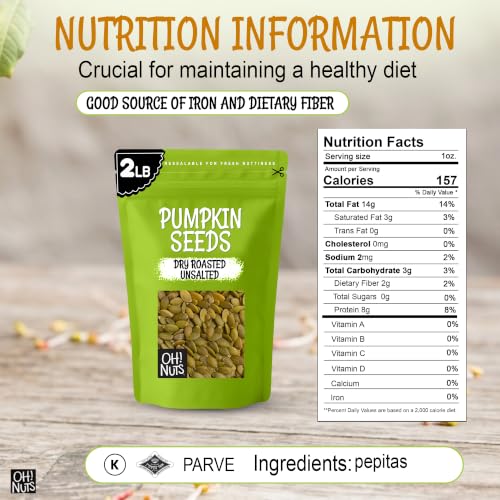 Oh! Nuts Pumpkin Seeds Roasted Unsalted 2lb Pepitas Dry Roasted Organic | Pumpkin seeds unsalted roasted - Pepitas protein power - Packed NY