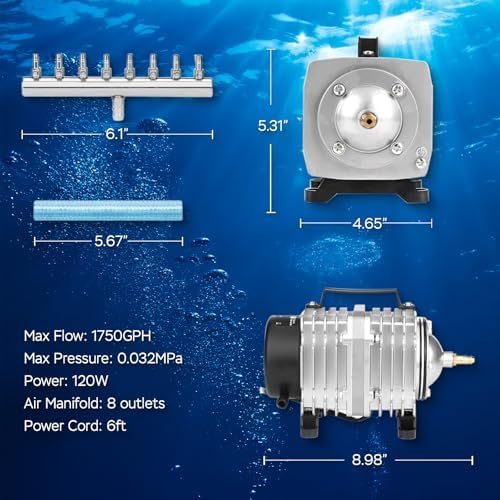 AquaMiracle Aquarium Air Pump Commercial Air Pump with Aluminum Housing, 600/1000/1200/1750GPH Fish Tank Bubbler Pond Aerator for Aquariums, Ponds