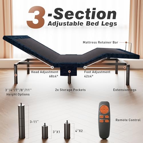 Twin XL Adjustable Bed Base Quiet Motor Zero Gravity Anti-Snore | Heavy-Duty Metal Frame,Wireless Remote, Independent Head & Foot Incline