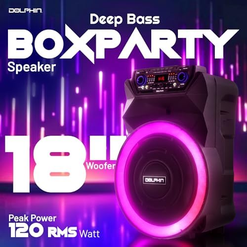 Dolphin Bluetooth Party Speaker with Wireless Microphone, 18" Woofer | 4500W Output, LED Lights, USB, SD, AUX & Guitar Inputs, 12V Input