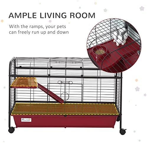 PawHut 41" L Small Animal Cage Rabbit Hutch with Feeder, Rolling Wheels Red