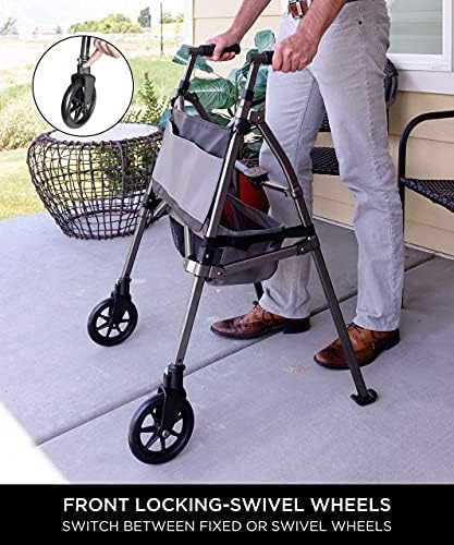 Signature Life Elite Travel Walker, Lightweight Folding Rolling-Walker with Swivel Wheels for Adults, Seniors, and Elderly, Compact Narrow Walking Aid, Height Adjustable with Ski Glides and Pouch