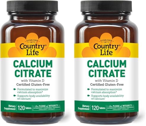 Country Life Calcium Citrate with Vitamin D – 500mg – Highly Absorbable Calcium Supplement – Certified Gluten Free, Vegan, Halal, Non-GMO – 120 Tablets