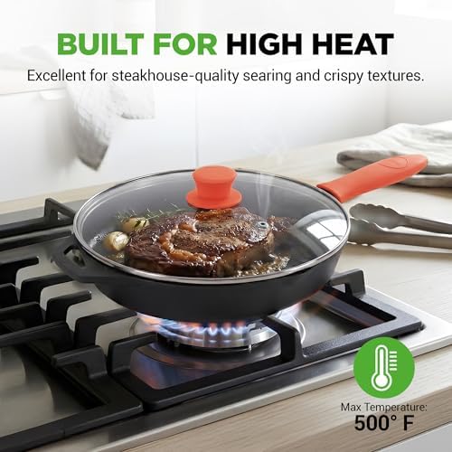 NutriChef 10 Inch Cast Iron Skillet with Lid - Pre-Seasoned Small Fry Pan with Side Drip Spout and Silicone Handle