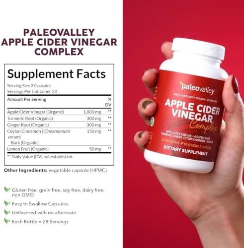 Paleovalley Apple Cider Vinegar Complex Capsules with Organic Superfoods | Gut and Digestive Support, Whole Food Nutrition, No Aftertaste, Unflavored