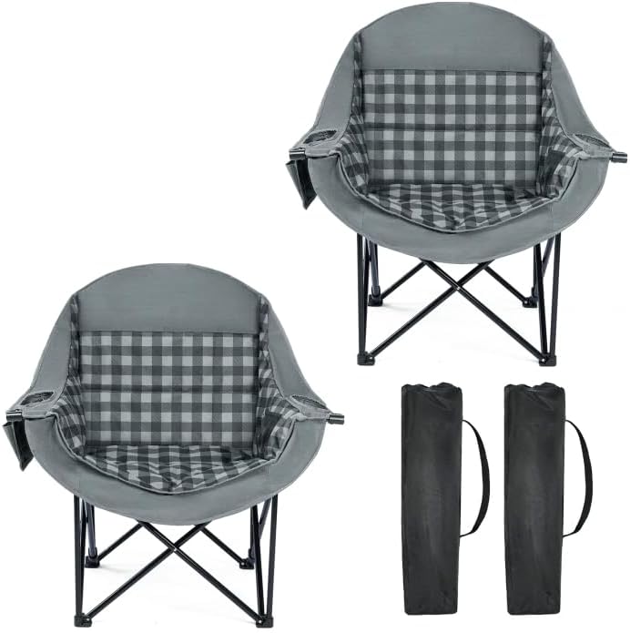 Oversized Camping Chairs for Adult - Heavy Duty Padded Portable Folding Chair XL Collapsible Camp Chair with Cup Holder Side Pocket for Outdoor Lawn Beach Sport Fishing Support 500LBS, Grey