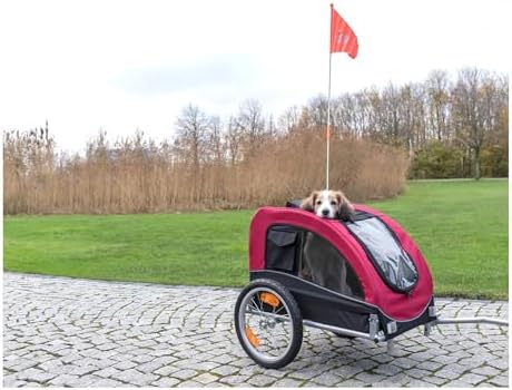 TRIXIE Medium Dog Bike Trailer - Foldable Pet Bicycle Trailer for Dogs up to 48lbs – Features Quick Fastening Wheels, 2 Doors, Safety Leash & Waterproof Carrier - 50 x 25 x 26.5in - Black/Red
