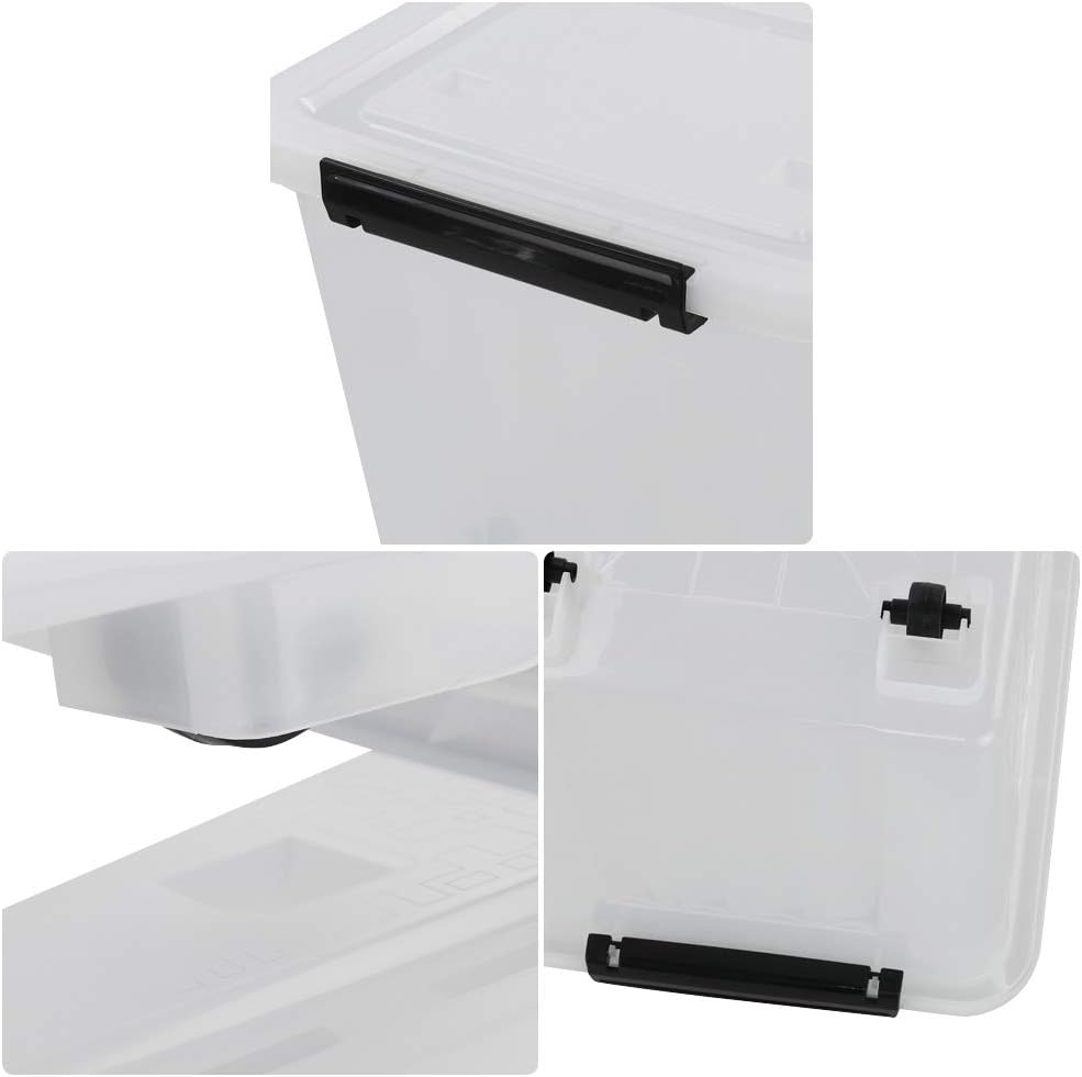 Clear Plastic Storage Bins with Wheels, 4-Pack Latch Boxes, 30 L