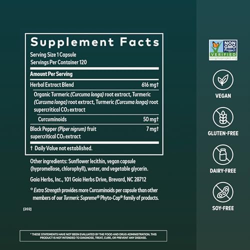 Gaia Herbs Turmeric Supreme Extra Strength - Helps Reduce Occasional Discomfort from Normal Wear & Tear*- 616 mg Organic Turmeric Curcumin Supplement with Black Pepper- 120 Vegan Liquid Phyto-Capsules