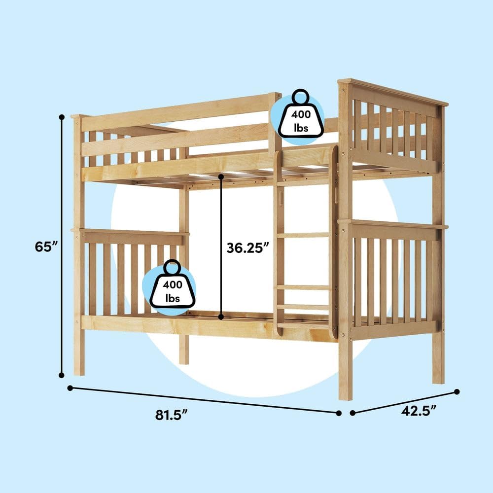 Max & Lily Bunk Bed Twin over Twin, Solid Wood Bunk Bed Frame with Ladder for Kids, 14" Safety Guardrails, Easy Assembly, No Box Spring Needed, White