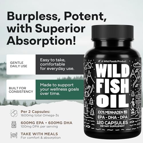 Wild Foods Fish Oil Omega 3 Supplements, 1600mg EPA DHA DPA, 60 Capsules | Burpless, Odorless, Non-GMO, Gluten Free, Supports Brain, Heart & Joint Health, 30 Servings, 1 Pack, Worldwide Sourced