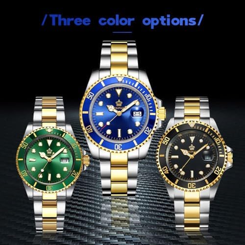 FANMIS Men's Two-Tone Stainless Steel Quartz Watch, Rotating Bezel and Date | Green Dial, Luminous Hands and Markers, Magnified Date Window, Fold-Over Safety Clasp, 30M Water Resistant for Everyday Wear.