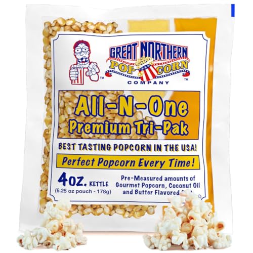 Movie Theater Style 40-Count Popcorn Packs - Pre-Measured 8-Ounce All-in-One Kernel, Salt, Oil Packets for Popping Machines by Great Northern Popcorn | All-in-One Pre-Measured Kernels, Butter Flavored Salt, and Coconut Oil Packets for 8oz Kettle - Movie…